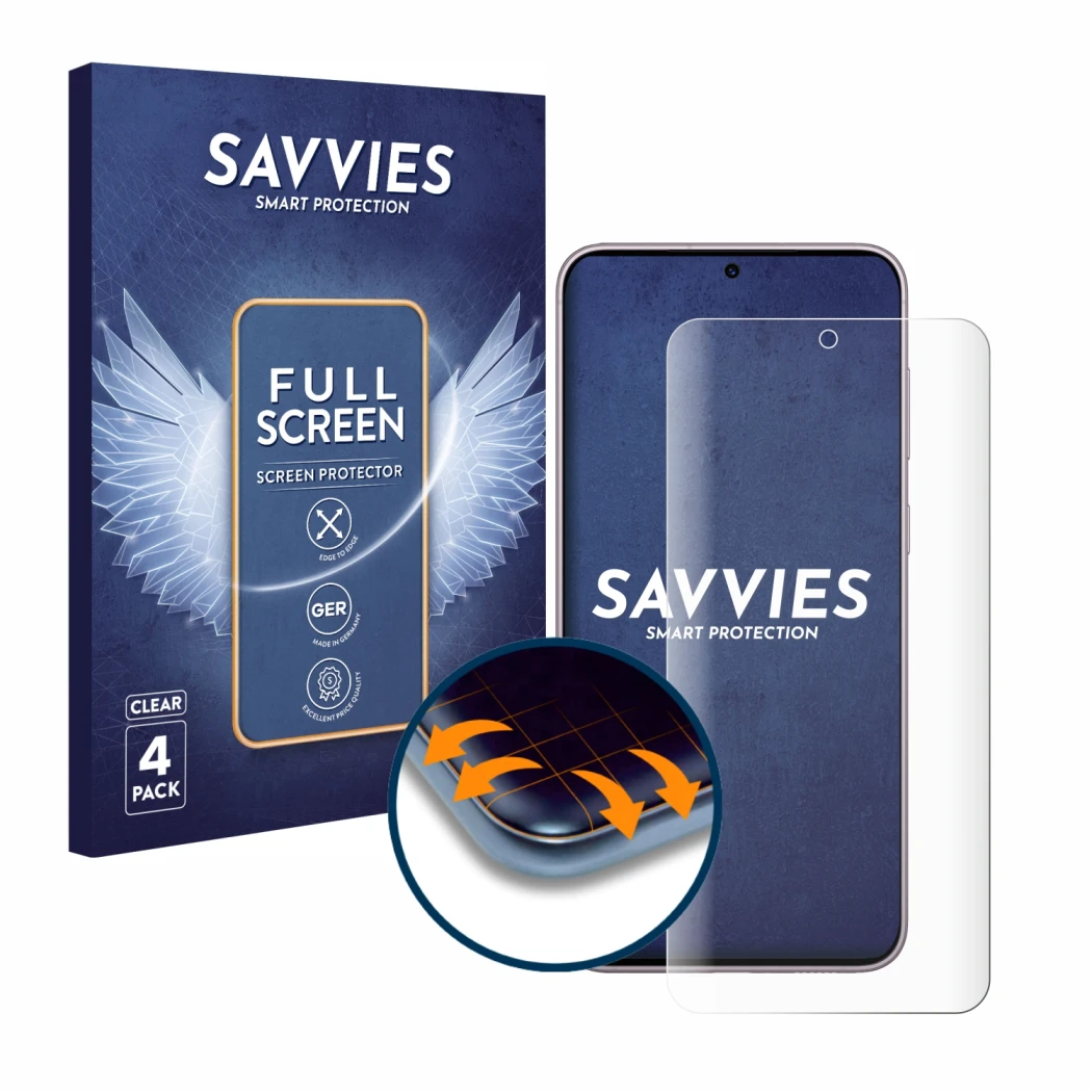 Face avant d’un emballage produit avec le logo de la marque Savvies. À côté, l’appareil Samsung Galaxy S23 est représenté avec
