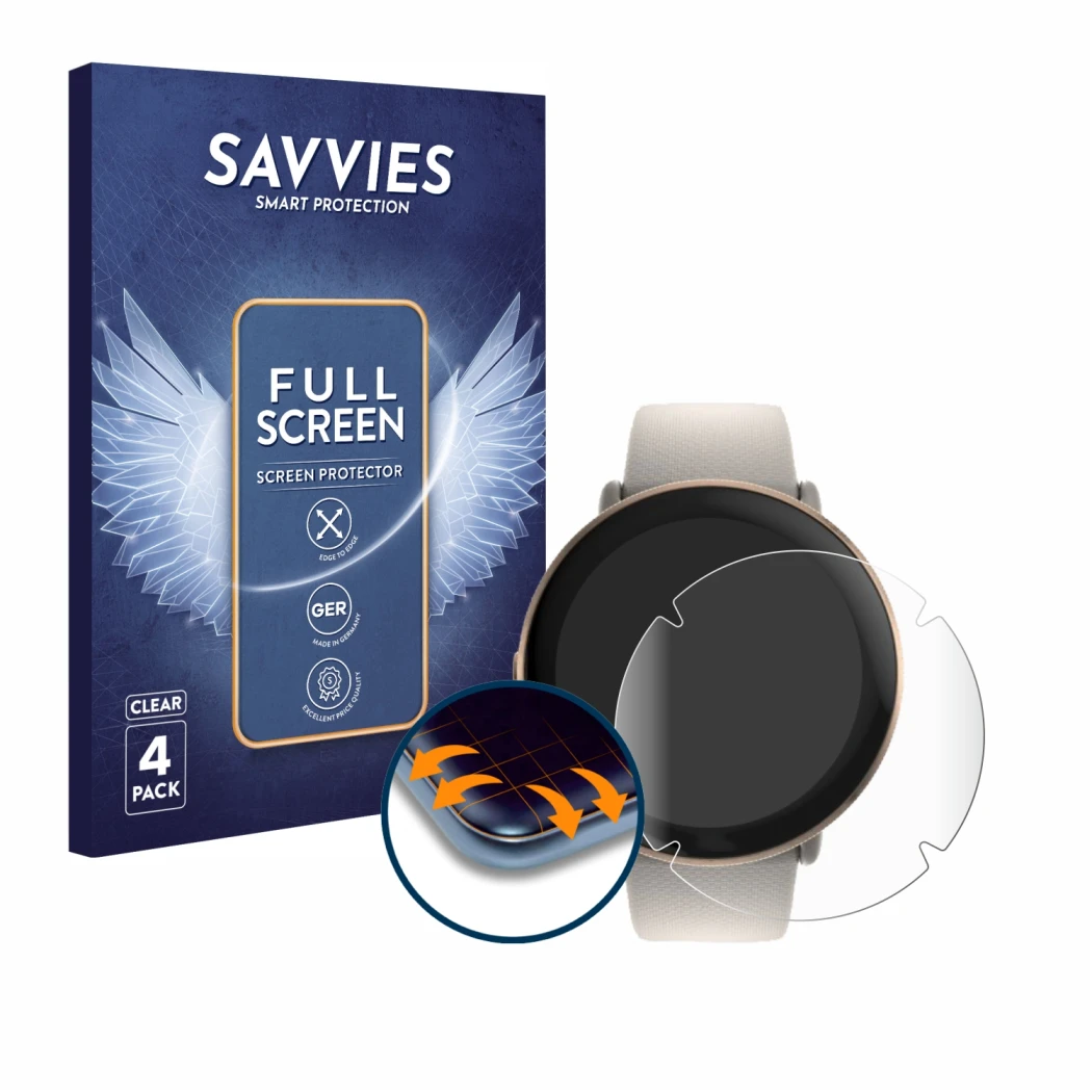 Face avant d’un emballage produit avec le logo de la marque Savvies. À côté, l’appareil Polar Ignite 3 est représenté avec la 