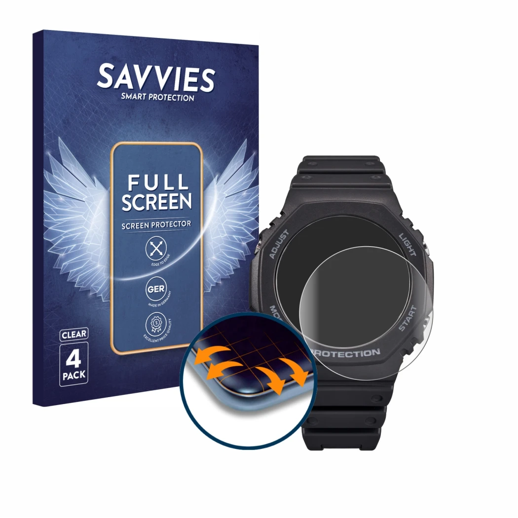 Face avant d’un emballage produit avec le logo de la marque Savvies. À côté, l’appareil Casio G-Shock GA-B2100 est représenté 