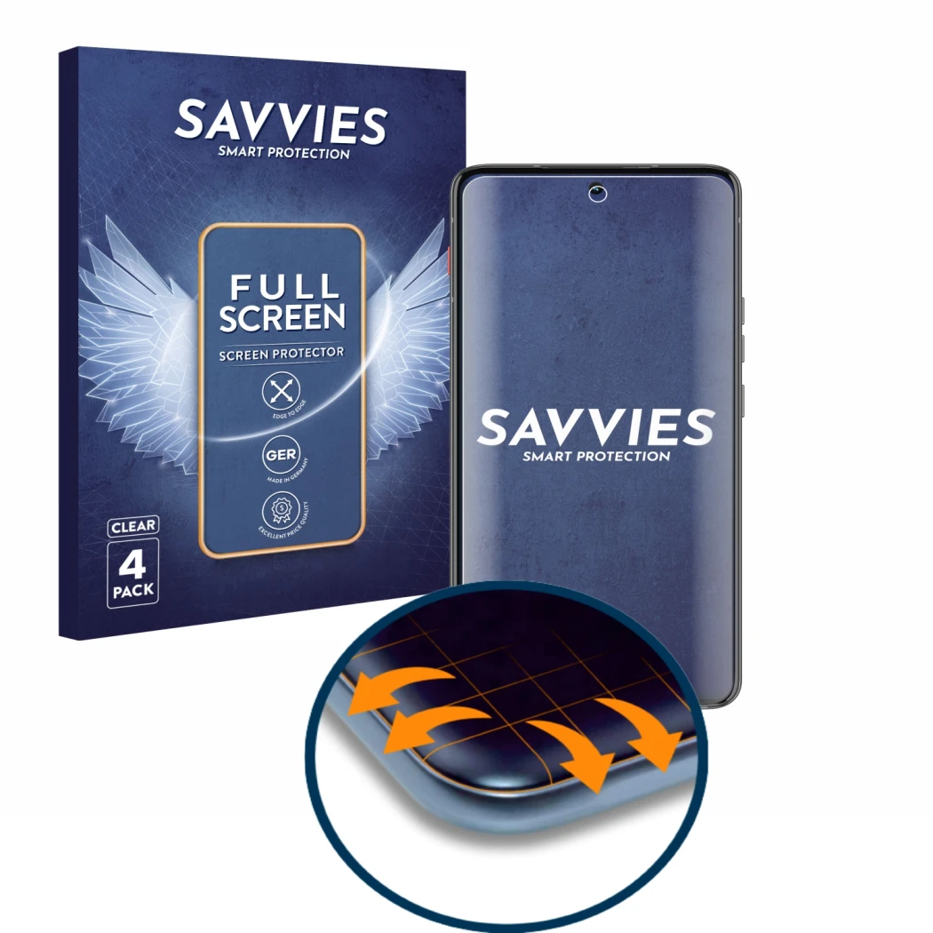 Face avant d’un emballage produit avec le logo de la marque Savvies. À côté, l’appareil Motorola ThinkPhone est représenté ave