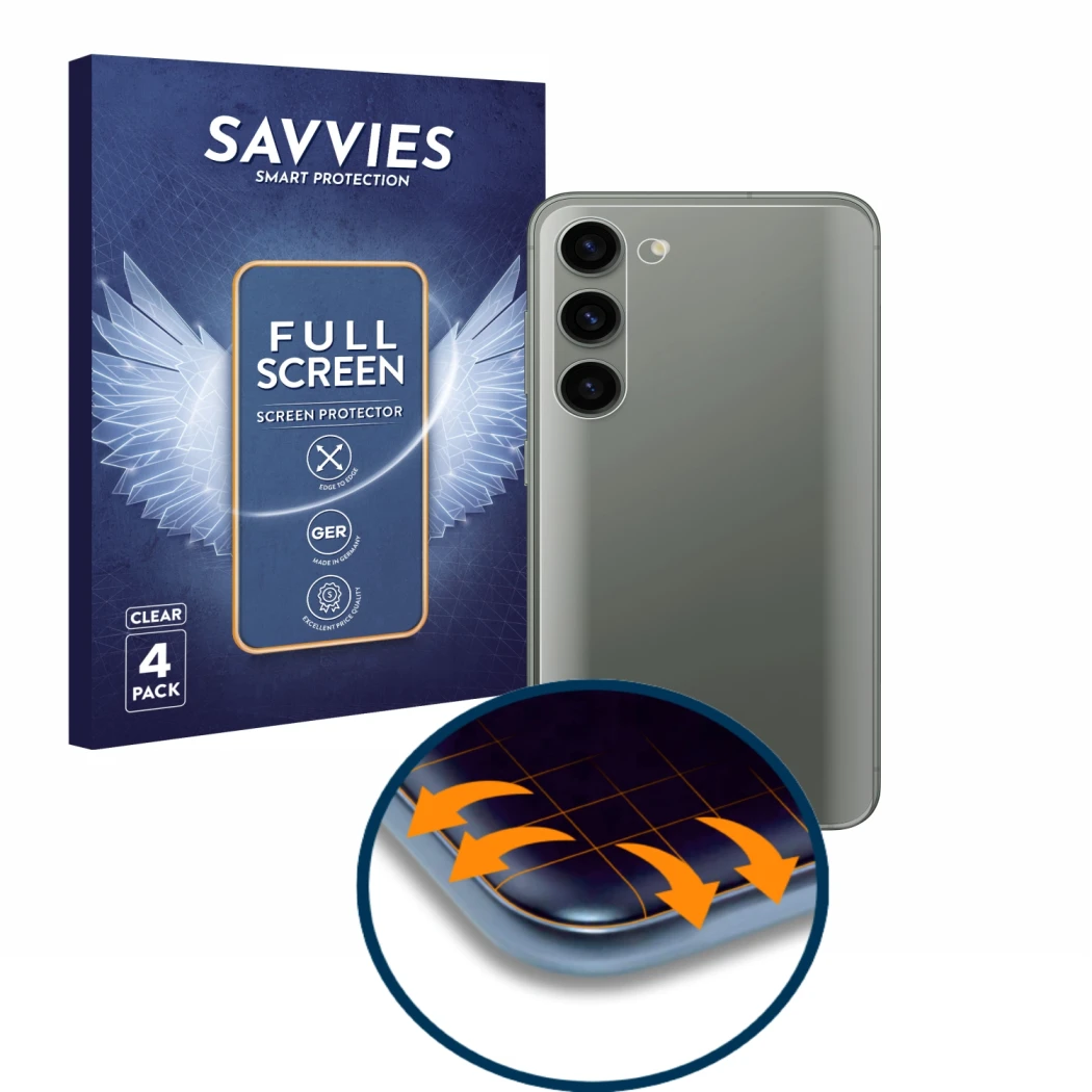 Face avant d’un emballage produit avec le logo de la marque Savvies. À côté, l’appareil Samsung Galaxy S23 Plus (Arrière) est