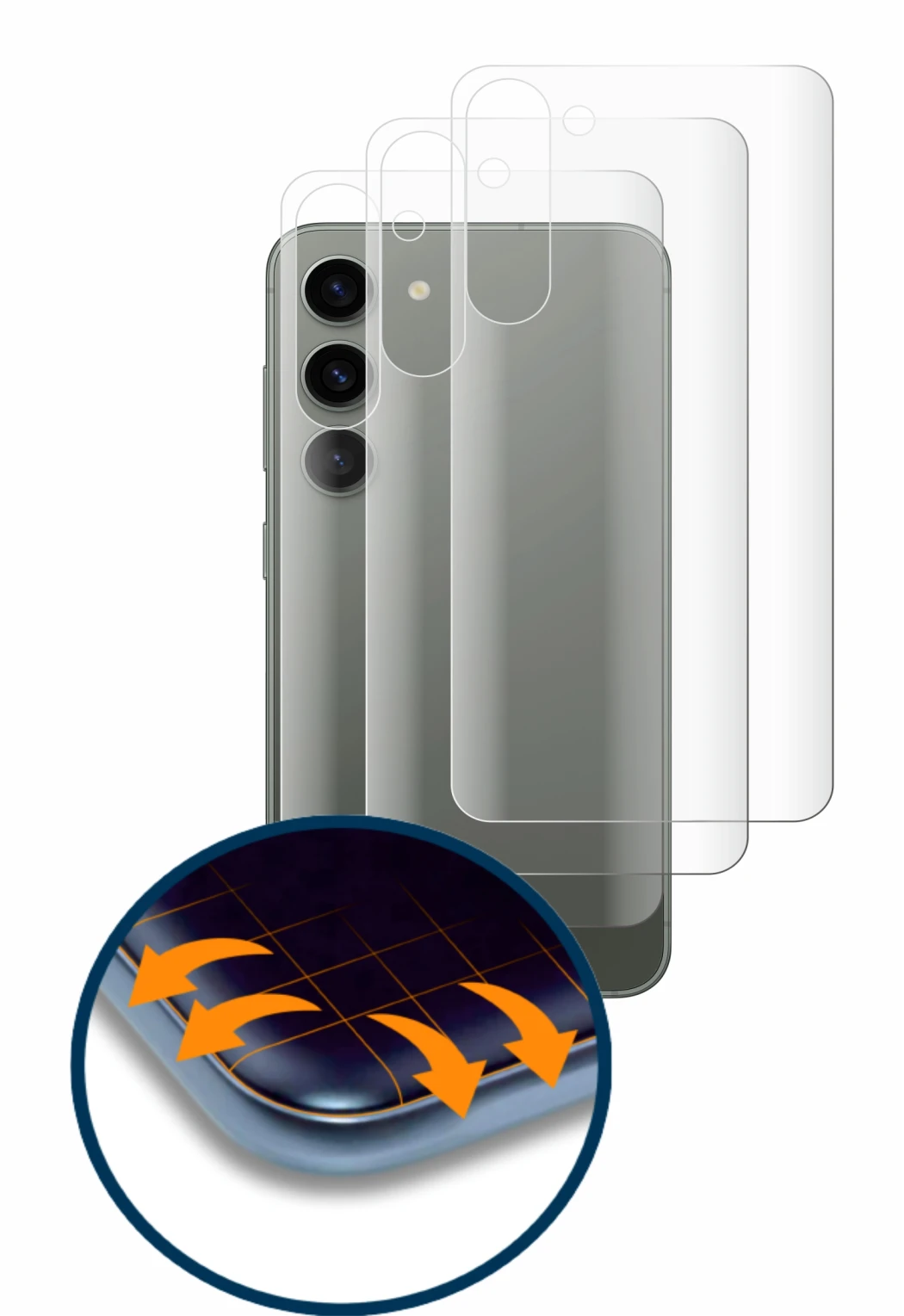 Image de l'appareil Samsung Galaxy S23 Plus (Arrière) avec une grande variété de protections d'écran.