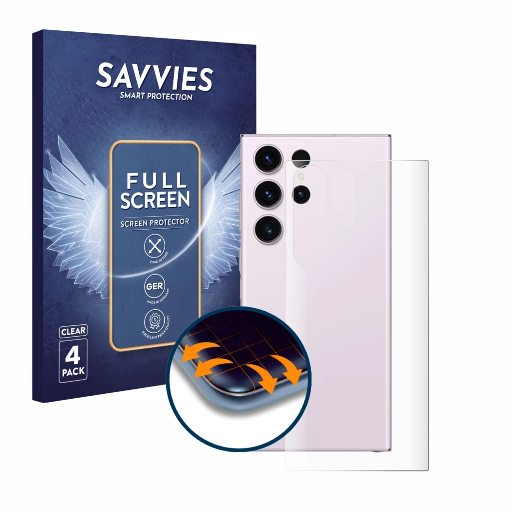 Face avant d’un emballage produit avec le logo de la marque Savvies. À côté, l’appareil Samsung Galaxy S23 Ultra (Arrière) est