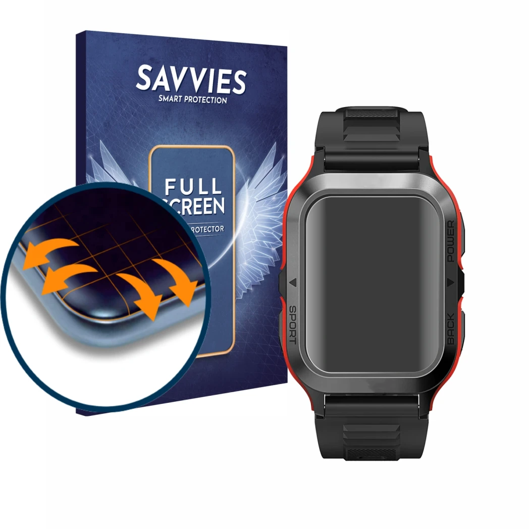 Face avant d’un emballage produit avec le logo de la marque Savvies. À côté, l’appareil Kospet Tank M2 est représenté avec la 