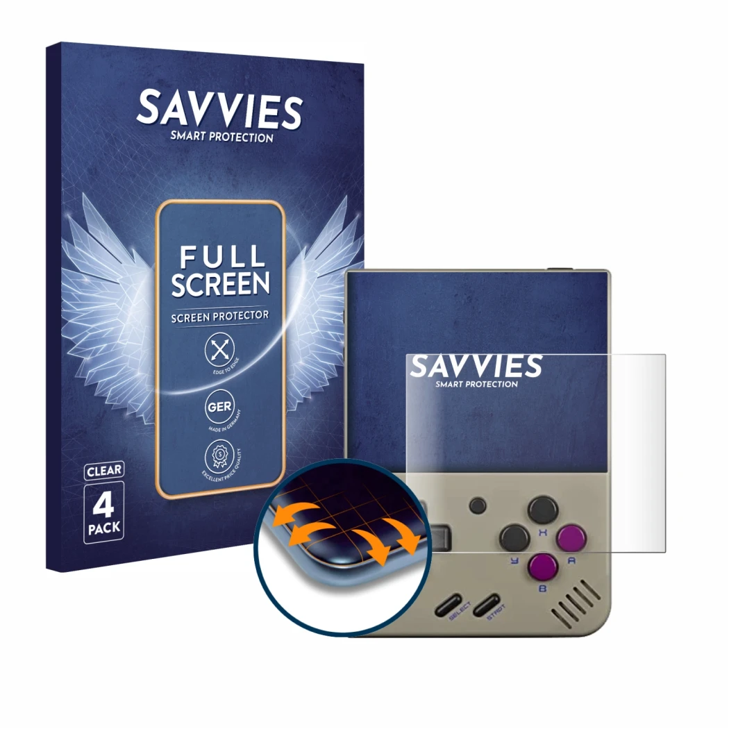 Face avant d’un emballage produit avec le logo de la marque Savvies. À côté, l’appareil Miyoo Mini Plus est représenté avec la