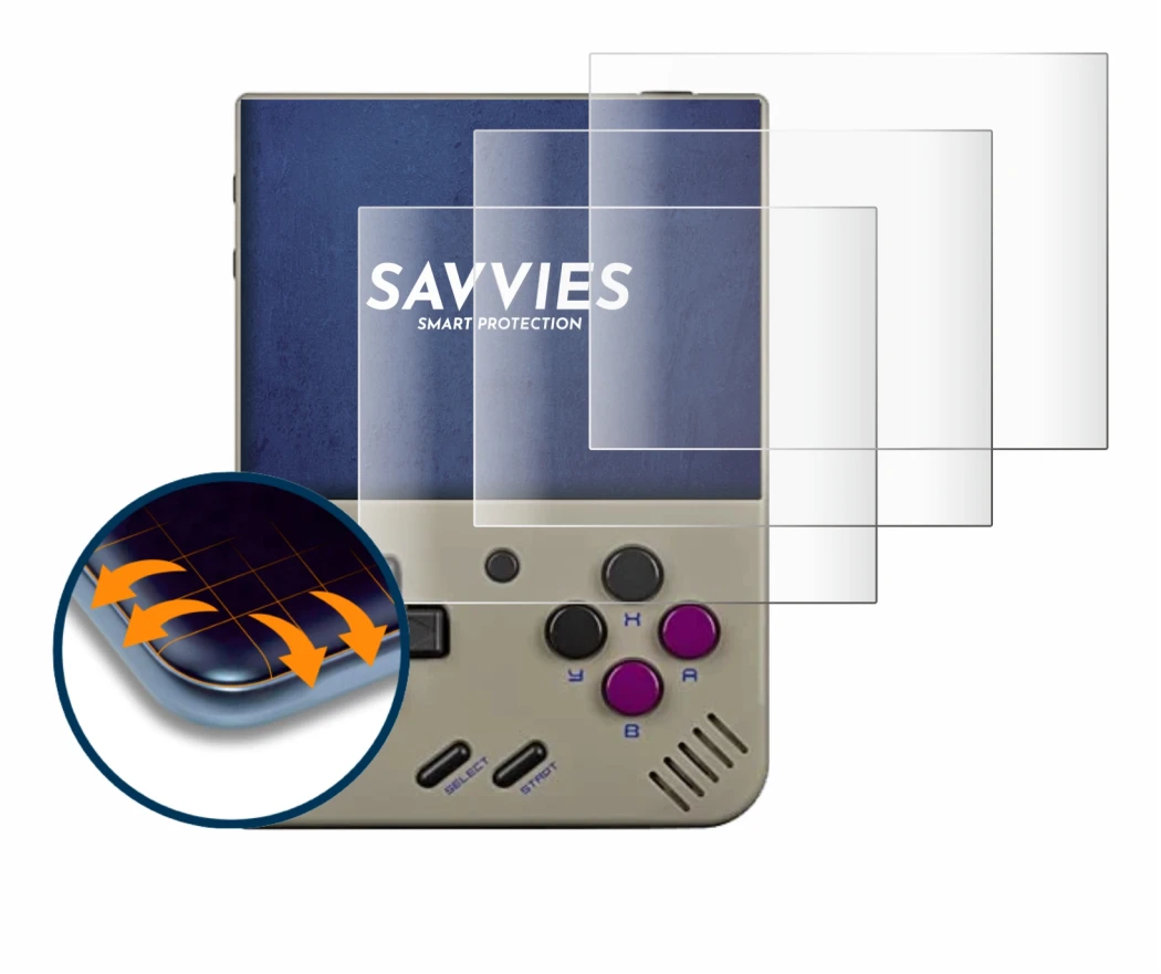 Image de l'appareil Miyoo Mini Plus avec une grande variété de protections d'écran.