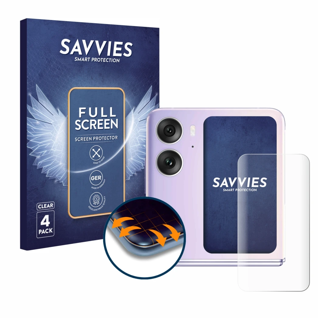 Face avant d’un emballage produit avec le logo de la marque Savvies. À côté, l’appareil Oppo Find N2 Flip (Affichage arrière) 