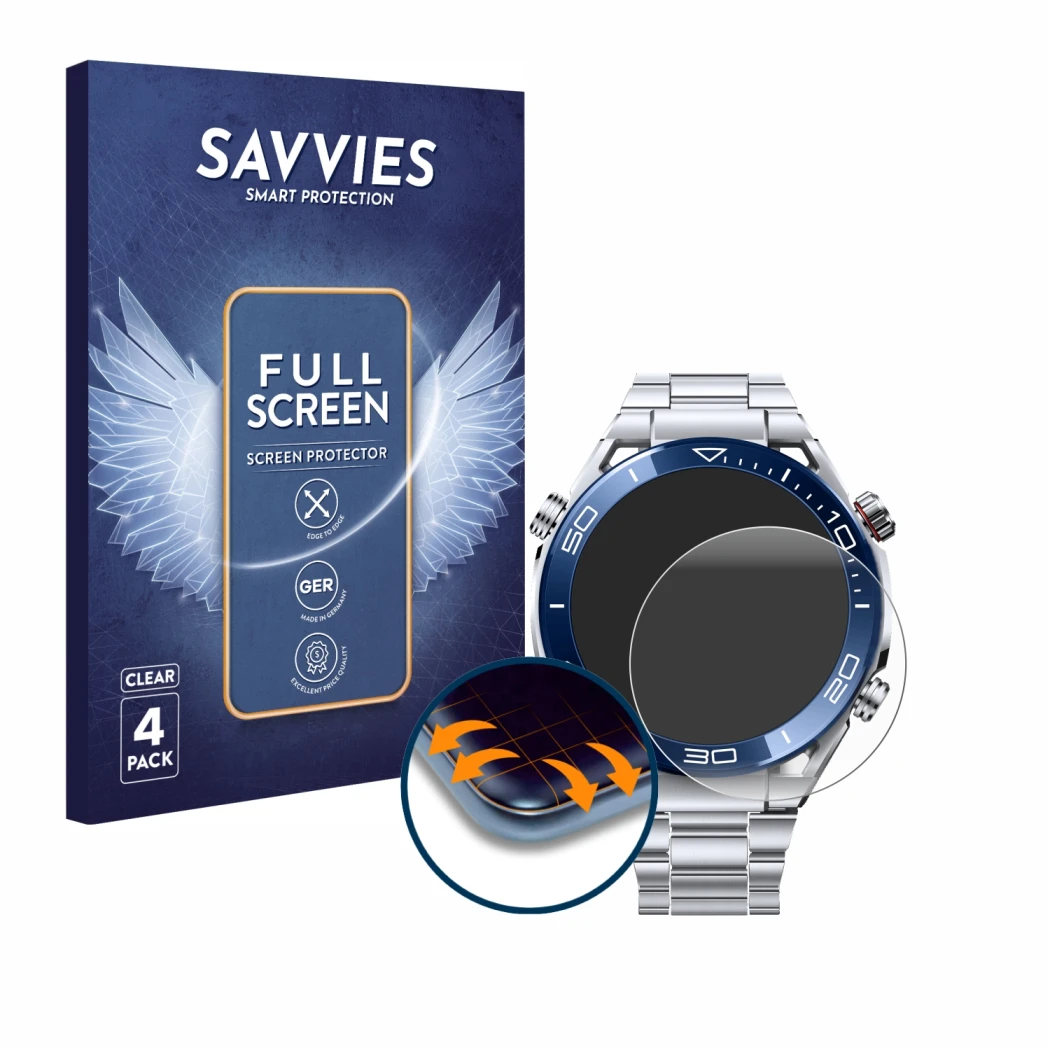 Face avant d’un emballage produit avec le logo de la marque Savvies. À côté, l’appareil Huawei Watch Ultimate (48.5 mm) est re