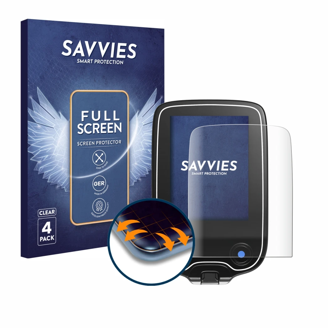 Face avant d’un emballage produit avec le logo de la marque Savvies. À côté, l’appareil Freestyle Libre 3 est représenté avec 