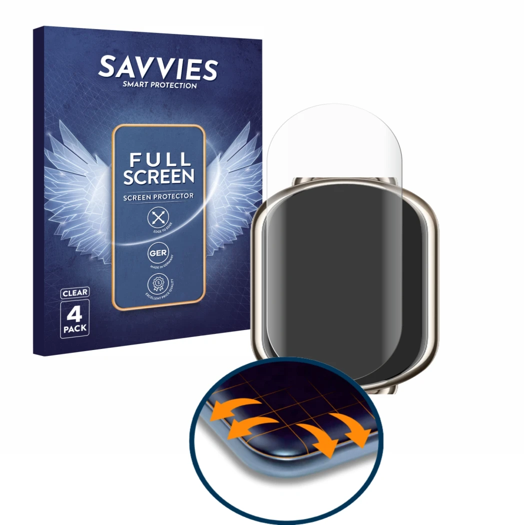 Face avant d’un emballage produit avec le logo de la marque Savvies. À côté, l’appareil Xiaomi Mi Band 8 est représenté avec l