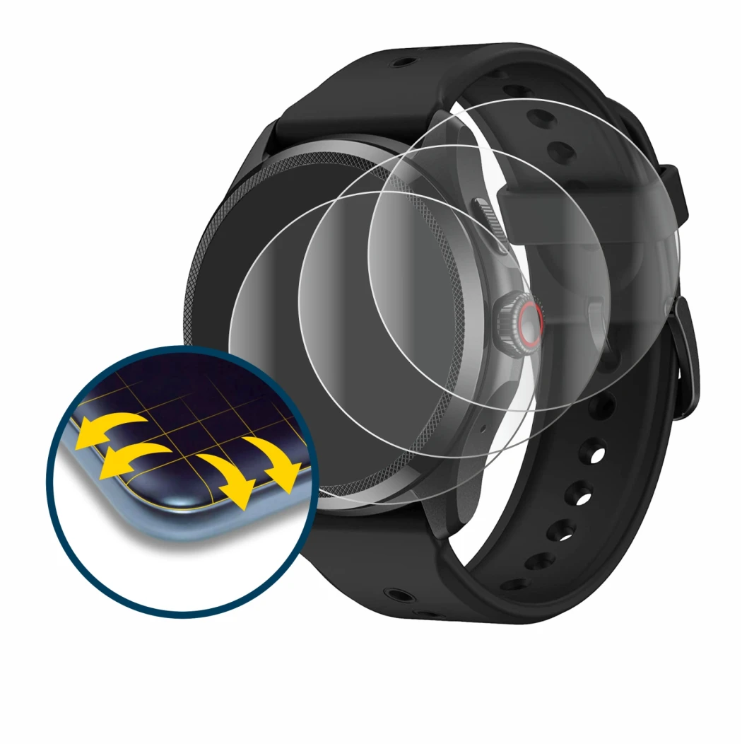 Image de l'appareil Mobvoi TicWatch Pro 5 avec une grande variété de protections d'écran.
