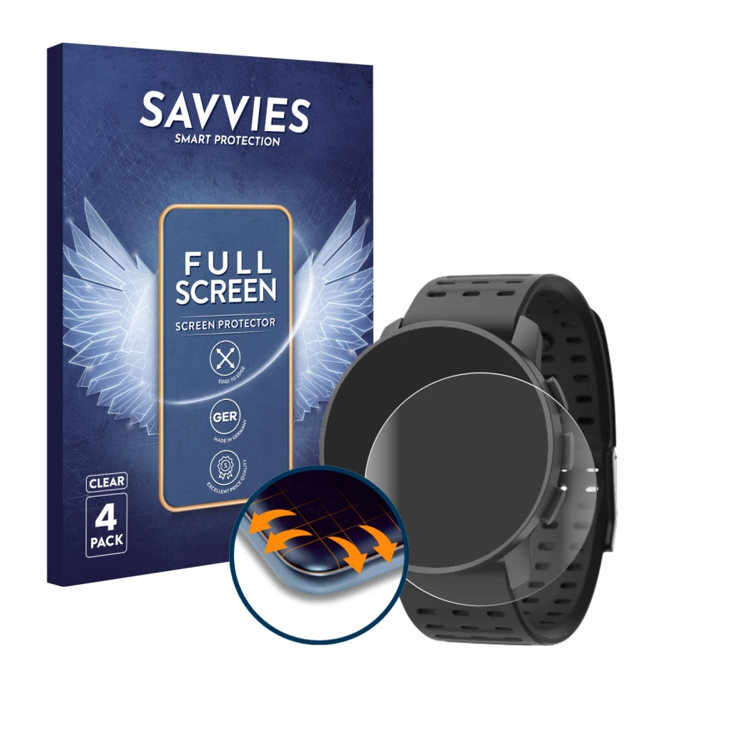 Face avant d’un emballage produit avec le logo de la marque Savvies. À côté, l’appareil Suunto 9 Peak Pro est représenté avec 