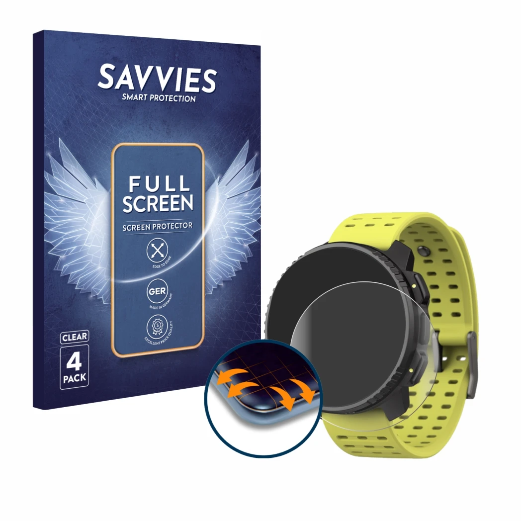 Face avant d’un emballage produit avec le logo de la marque Savvies. À côté, l’appareil Suunto Vertical est représenté avec la