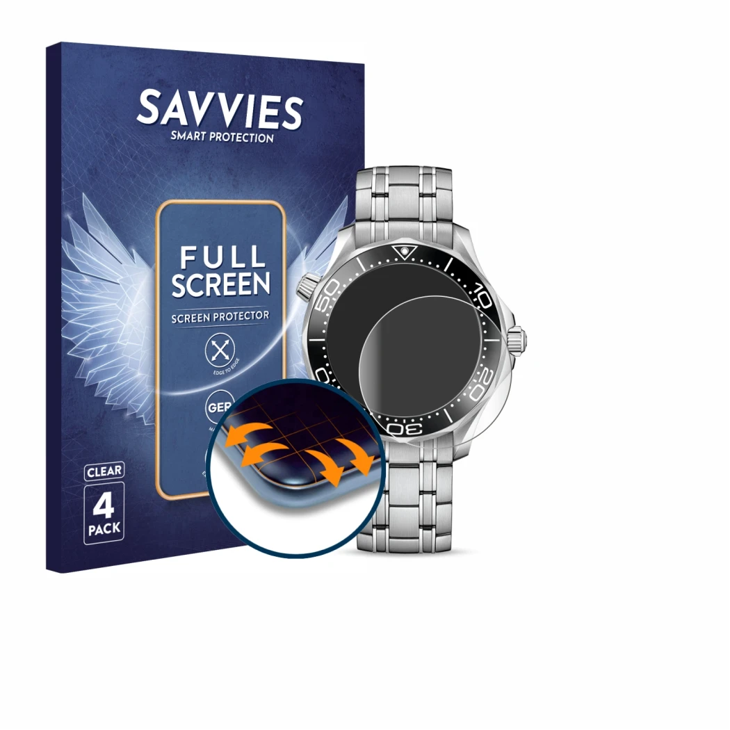 Face avant d’un emballage produit avec le logo de la marque Savvies. À côté, l’appareil Omega Seamaster Diver 300M (42 mm) est