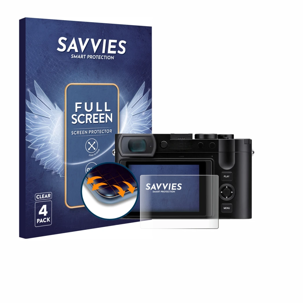 Face avant d’un emballage produit avec le logo de la marque Savvies. À côté, l’appareil Leica Q3 est représenté avec la protec