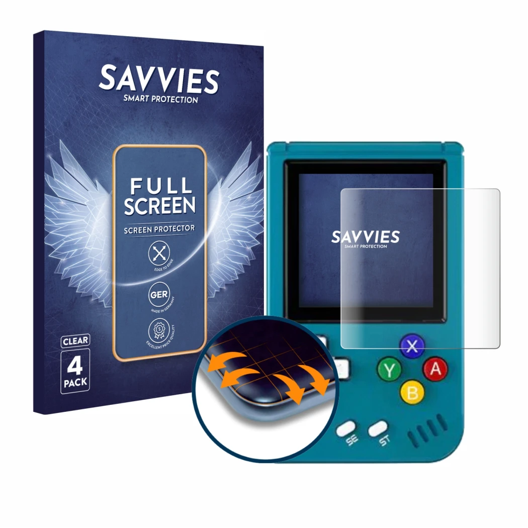 Face avant d’un emballage produit avec le logo de la marque Savvies. À côté, l’appareil Anbernic RG Nano est représenté avec l