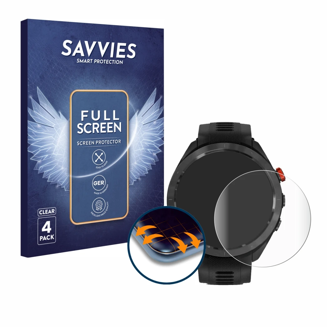 Face avant d’un emballage produit avec le logo de la marque Savvies. À côté, l’appareil Garmin Approach S70 (47 mm) est représ