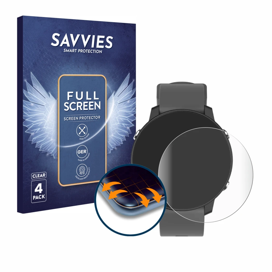 Face avant d’un emballage produit avec le logo de la marque Savvies. À côté, l’appareil Shot Scope G5 GPS Watch est représenté