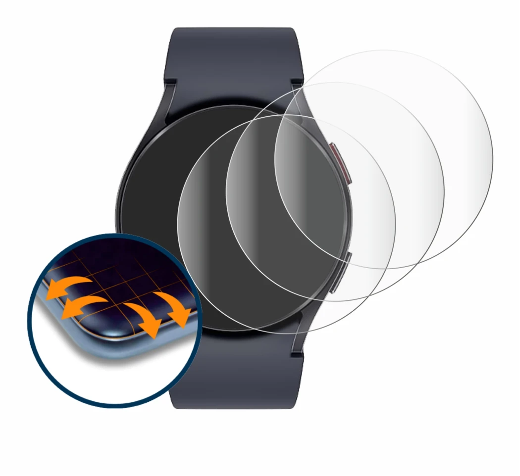 Image de l'appareil Samsung Galaxy Watch 6 (40 mm) avec une grande variété de protections d'écran.