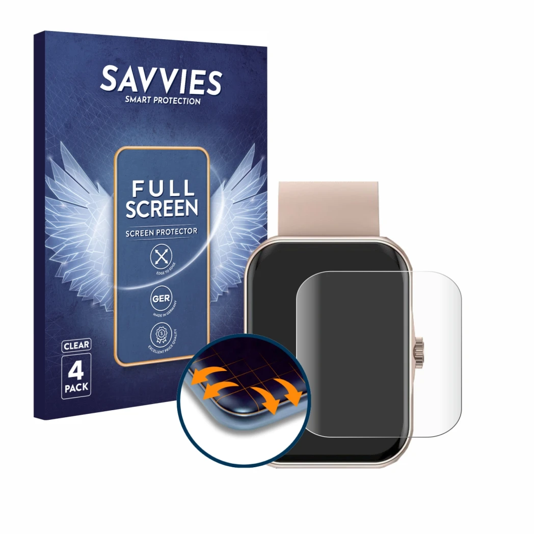 Face avant d’un emballage produit avec le logo de la marque Savvies. À côté, l’appareil Mutoy Smartwatch 1.83