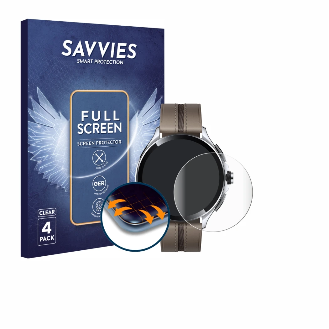 Face avant d’un emballage produit avec le logo de la marque Savvies. À côté, l’appareil Xiaomi Watch 2 Pro est représenté avec