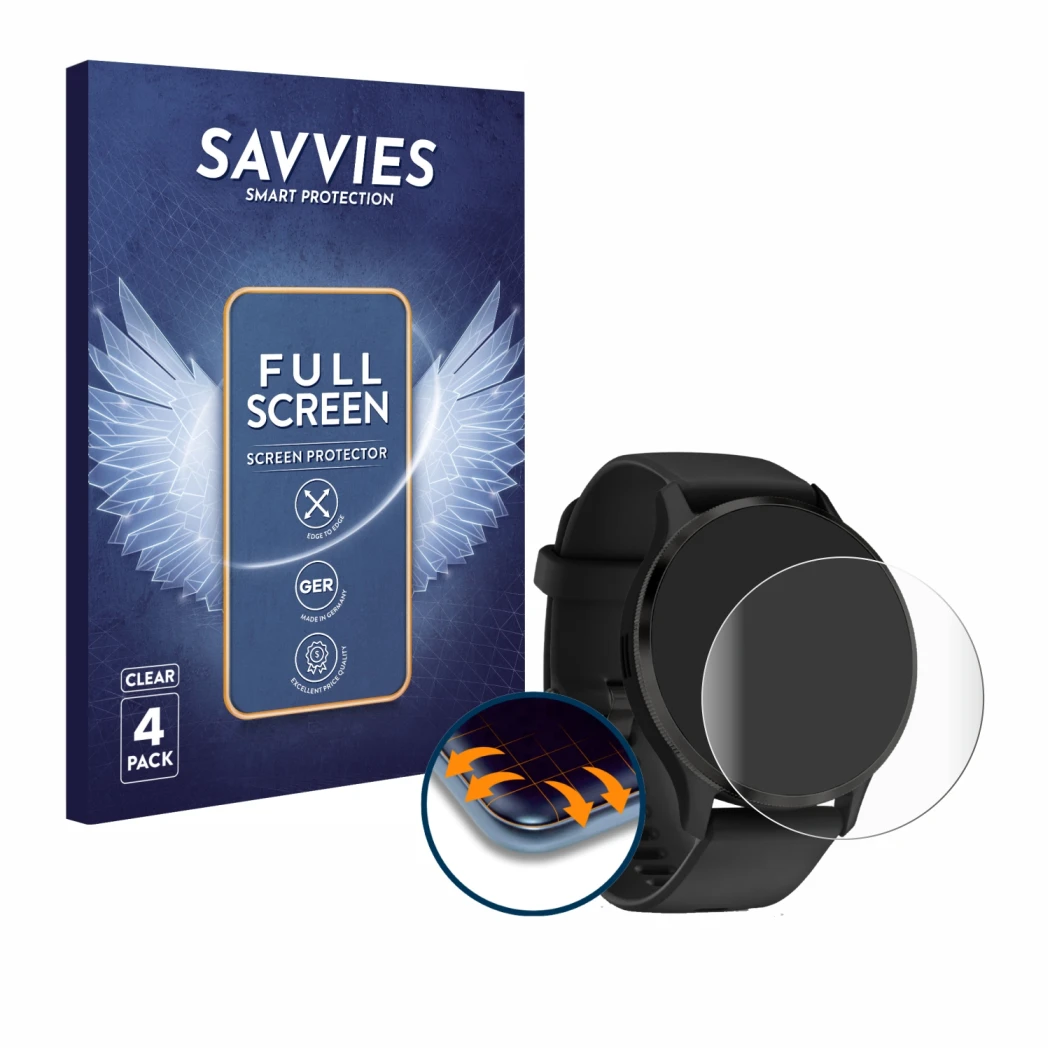 Face avant d’un emballage produit avec le logo de la marque Savvies. À côté, l’appareil Garmin Venu 3 est représenté avec la p