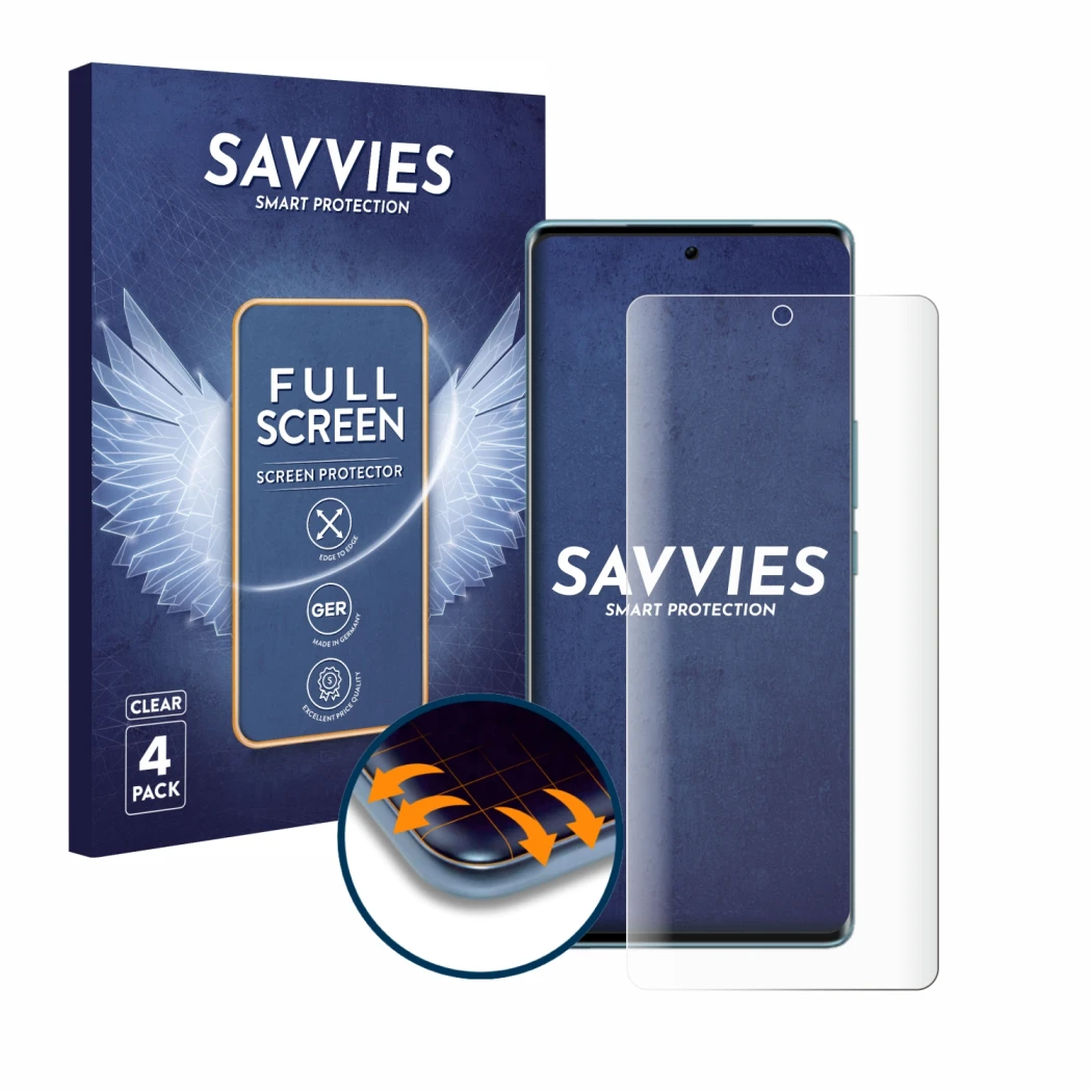 Face avant d’un emballage produit avec le logo de la marque Savvies. À côté, l’appareil Vivo V29 est représenté avec la protec