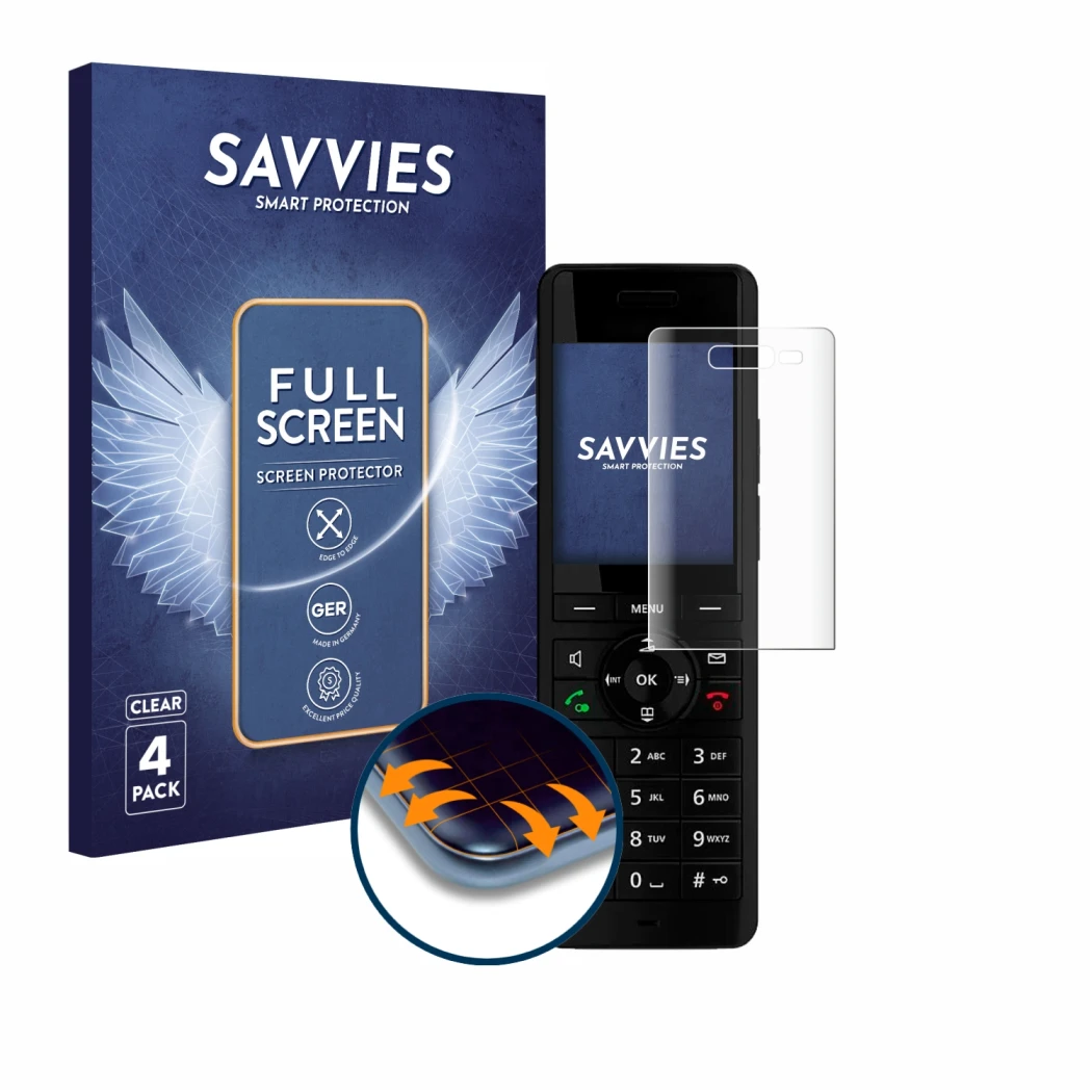 Face avant d’un emballage produit avec le logo de la marque Savvies. À côté, l’appareil AVM Fritz!Fon X6 Black est représenté 