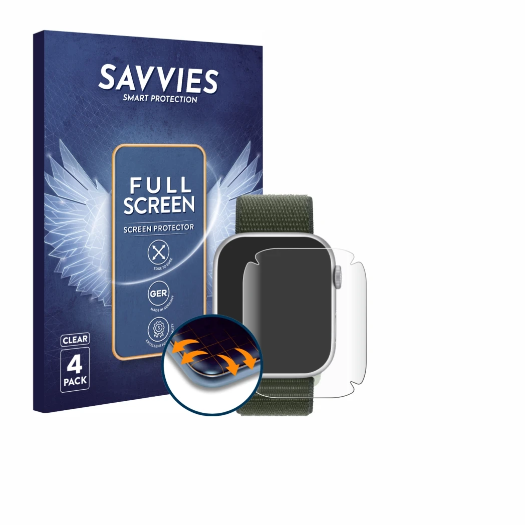 Face avant d’un emballage produit avec le logo de la marque Savvies. À côté, l’appareil Apple Watch Series 9 (41 mm) est repré