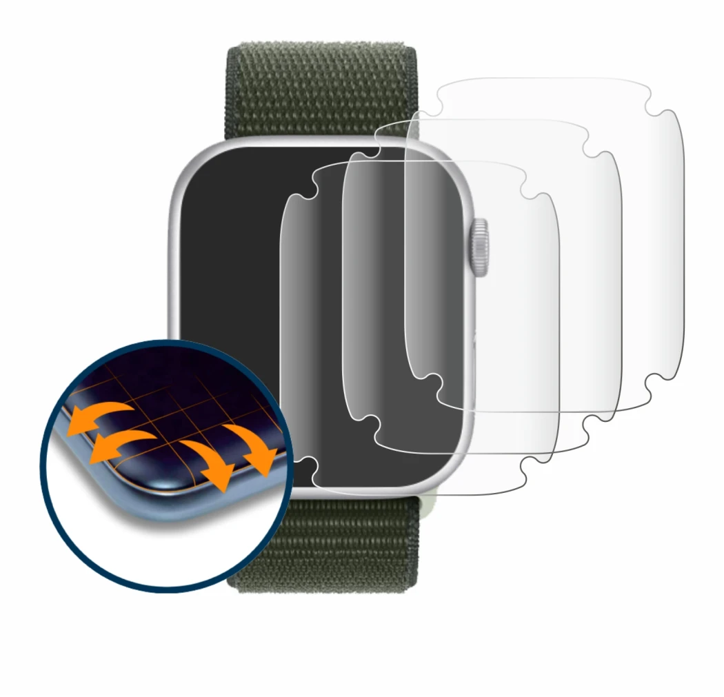 Image de l'appareil Apple Watch Series 9 (45 mm) avec une grande variété de protections d'écran.
