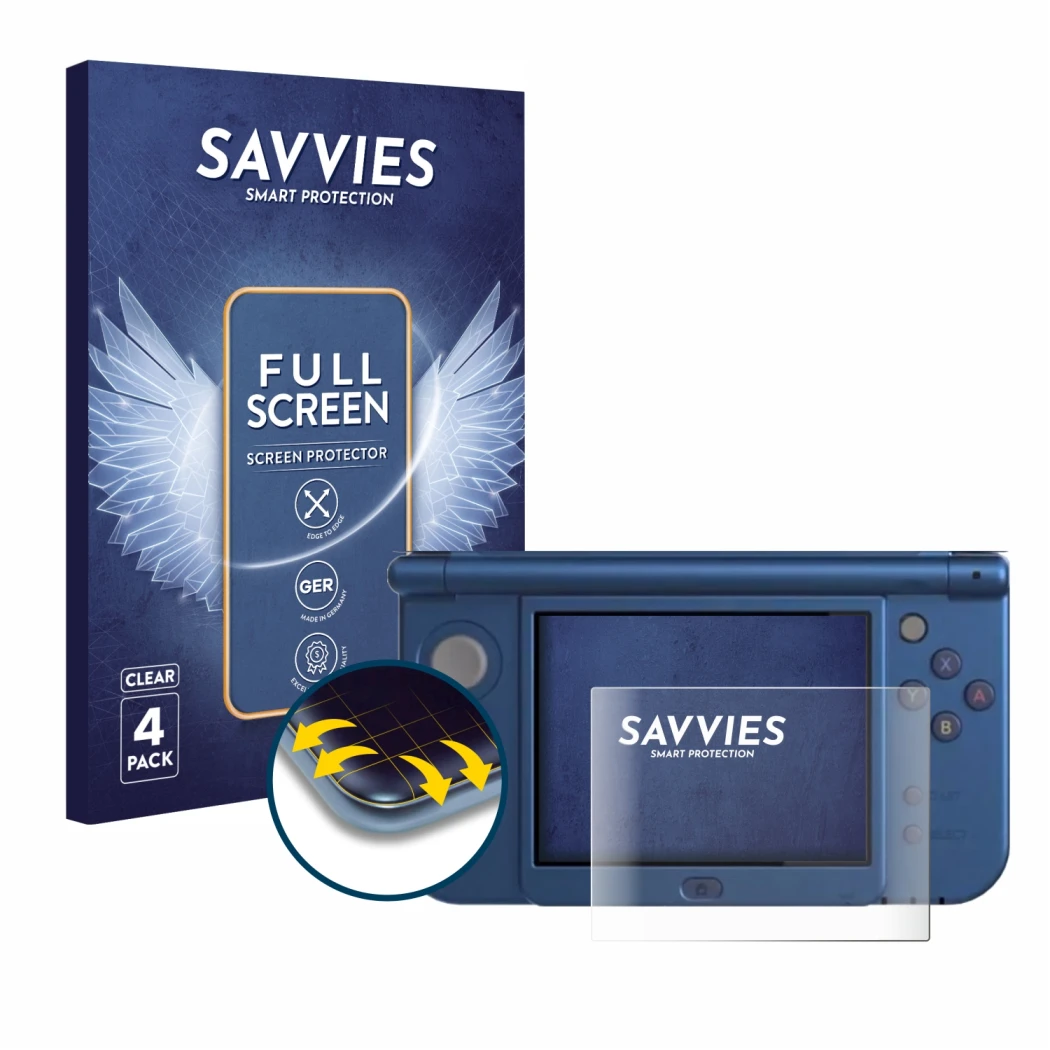 Face avant d’un emballage produit avec le logo de la marque Savvies. À côté, l’appareil Nintendo New 3DS XL (Affichage inférie