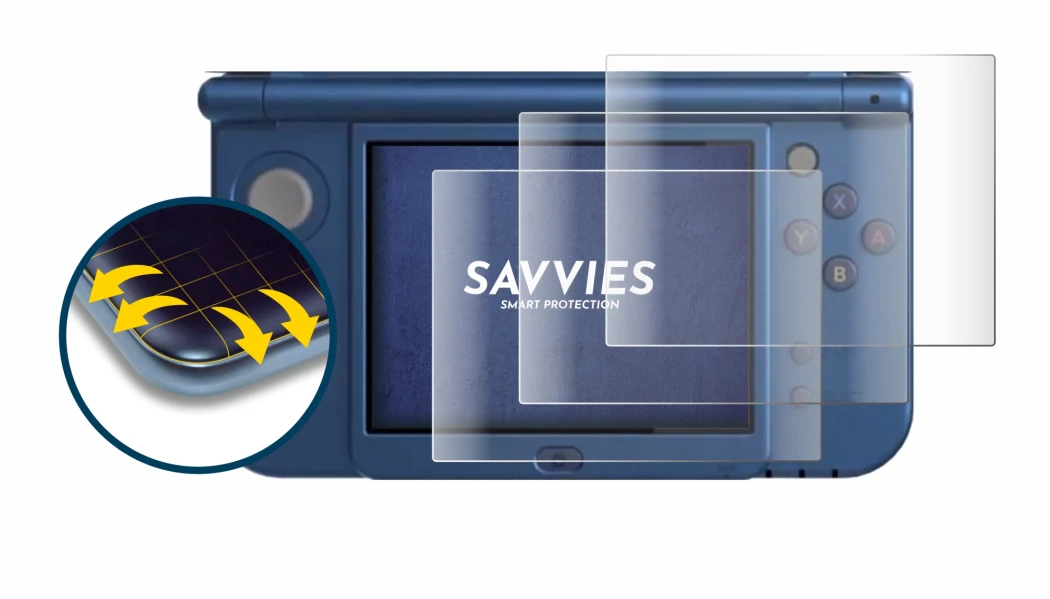 Image de l'appareil Nintendo New 3DS XL (Affichage inférieur) avec une grande variété de protections d'écran.