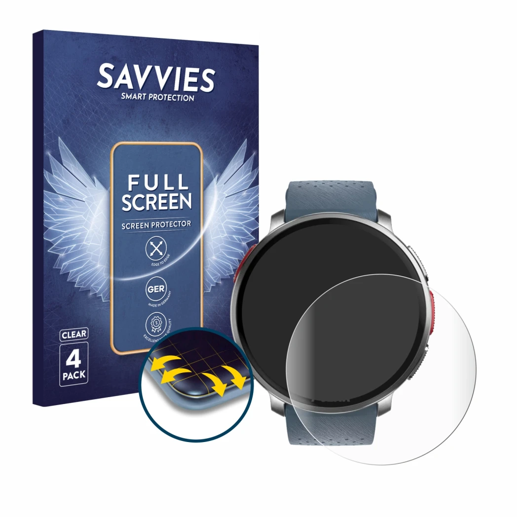 Face avant d’un emballage produit avec le logo de la marque Savvies. À côté, l’appareil Polar Vantage V3 est représenté avec l