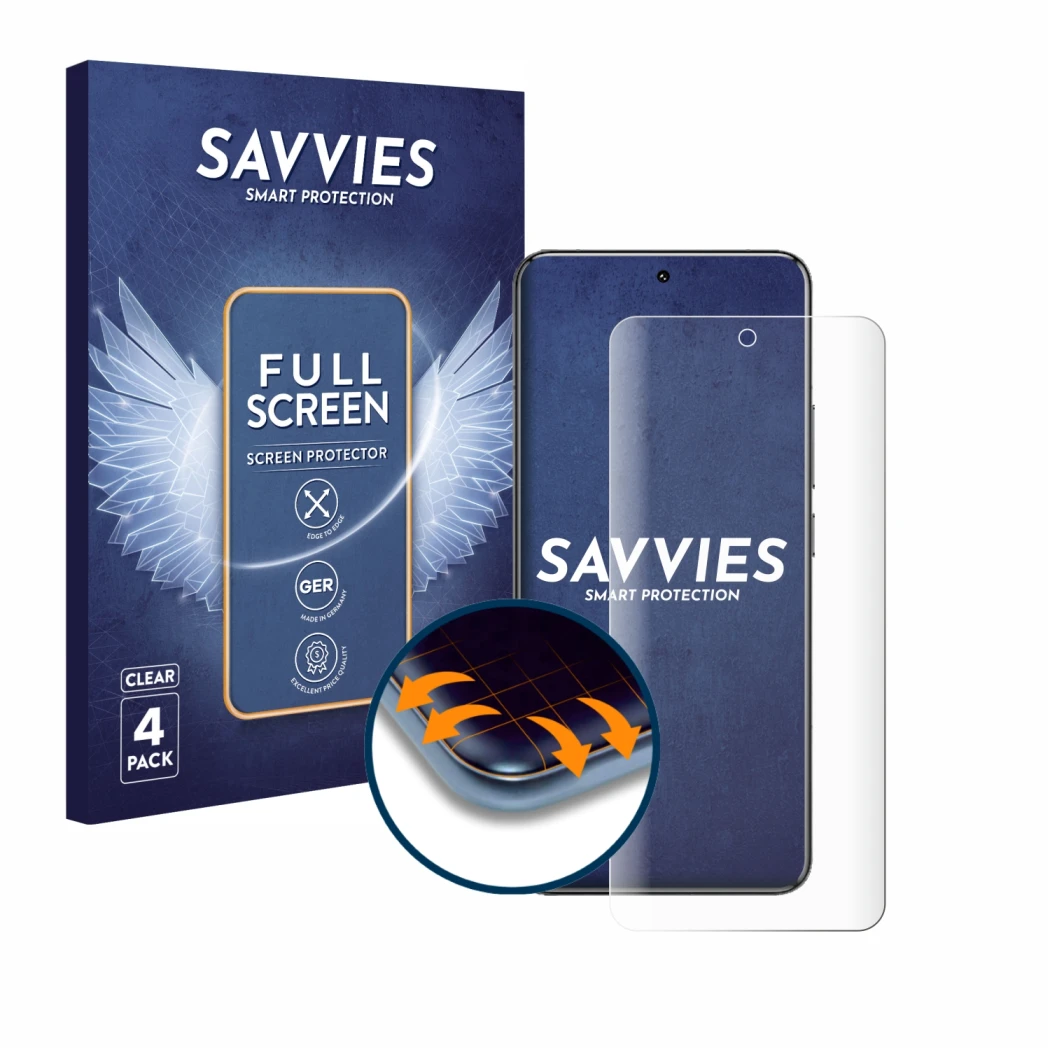 Face avant d’un emballage produit avec le logo de la marque Savvies. À côté, l’appareil Xiaomi 14 Pro est représenté avec la p