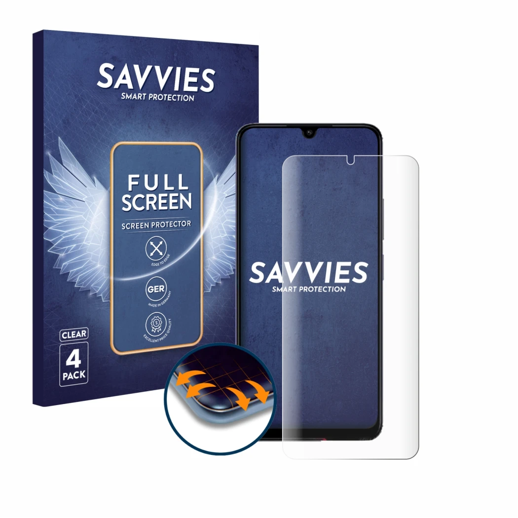 Face avant d’un emballage produit avec le logo de la marque Savvies. À côté, l’appareil Xiaomi Poco C65 est représenté avec la