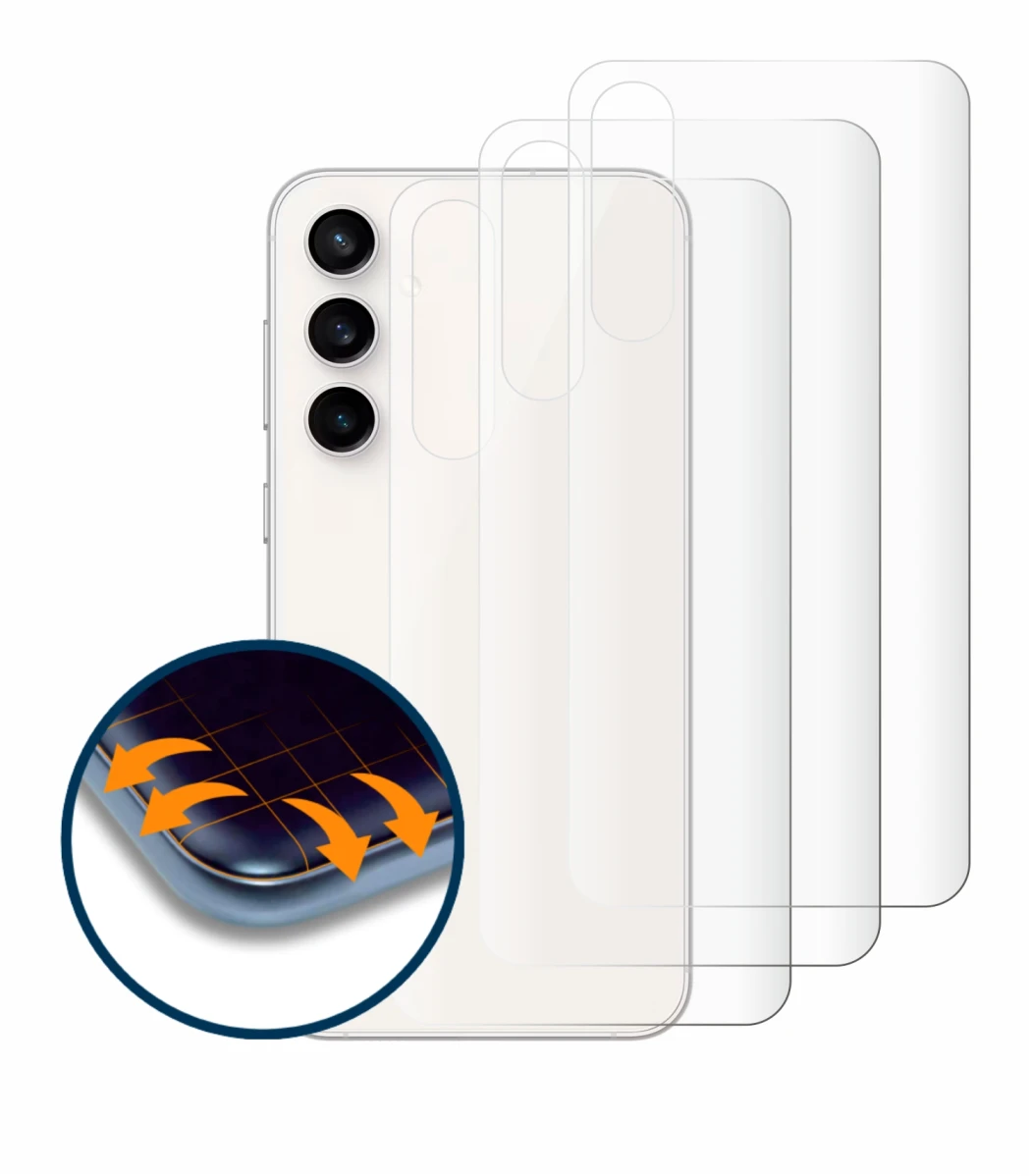 Image de l'appareil Samsung Galaxy S23 FE (Arrière) avec une grande variété de protections d'écran.