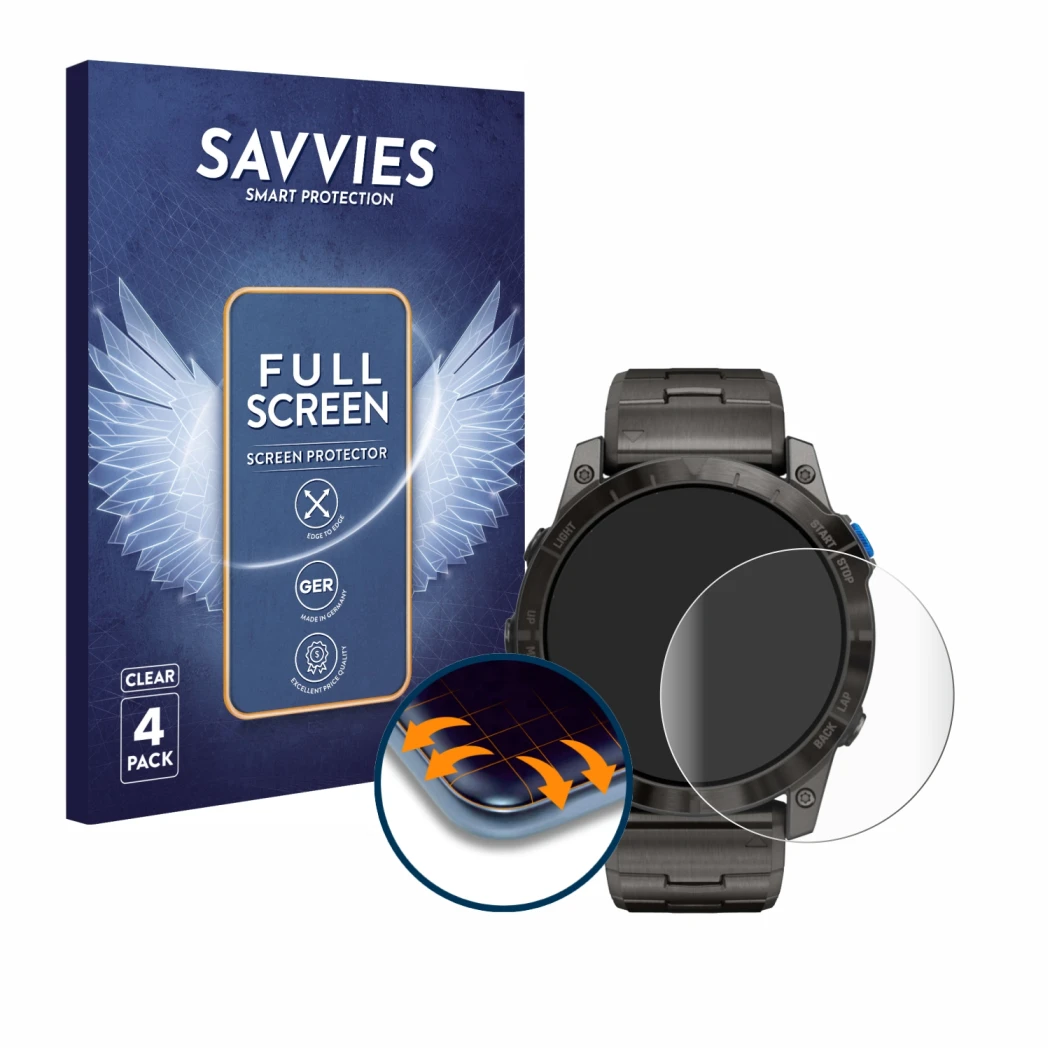 Face avant d’un emballage produit avec le logo de la marque Savvies. À côté, l’appareil Garmin D2 Mach 1 Pro est représenté av