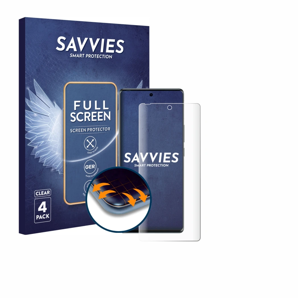 Face avant d’un emballage produit avec le logo de la marque Savvies. À côté, l’appareil Tecno Spark 20 Pro Plus est représenté