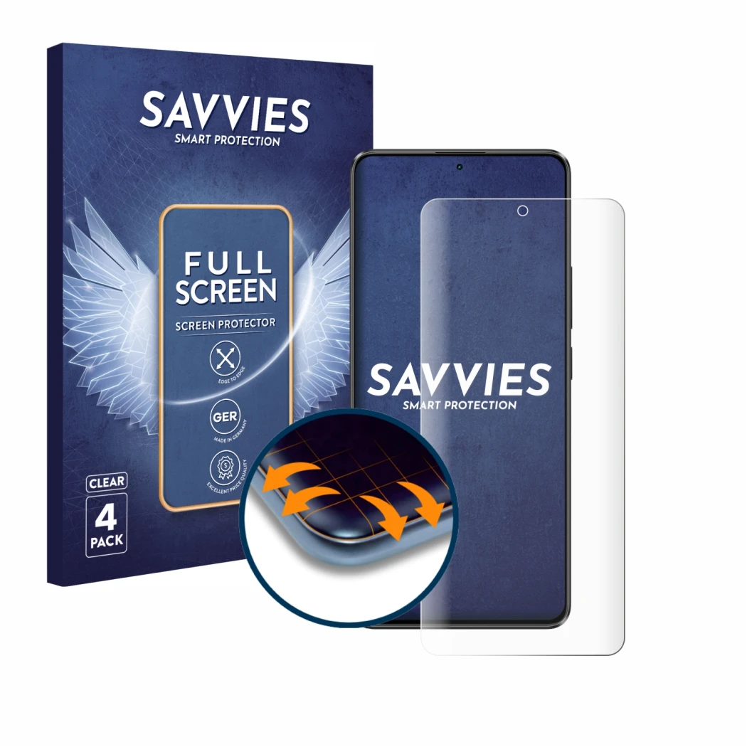 Face avant d’un emballage produit avec le logo de la marque Savvies. À côté, l’appareil Xiaomi Poco X6 est représenté avec la 