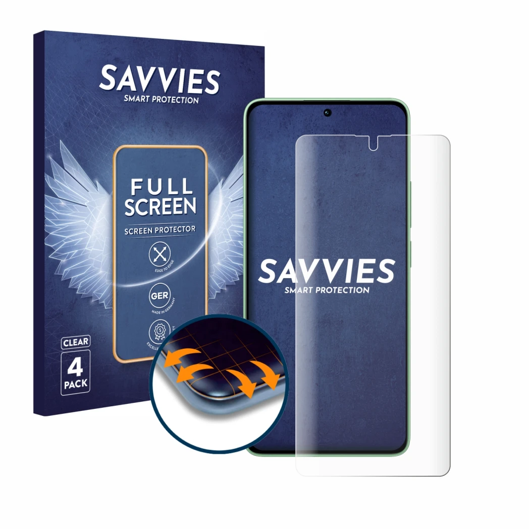 Face avant d’un emballage produit avec le logo de la marque Savvies. À côté, l’appareil Xiaomi Redmi Note 13 4G est représenté