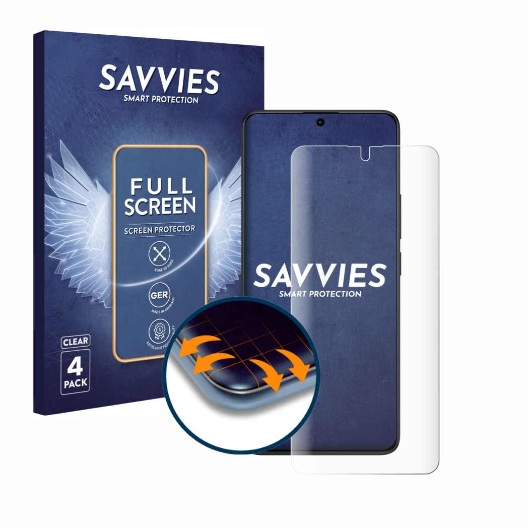 Face avant d’un emballage produit avec le logo de la marque Savvies. À côté, l’appareil Xiaomi Redmi Note 13 Pro 4G est représ