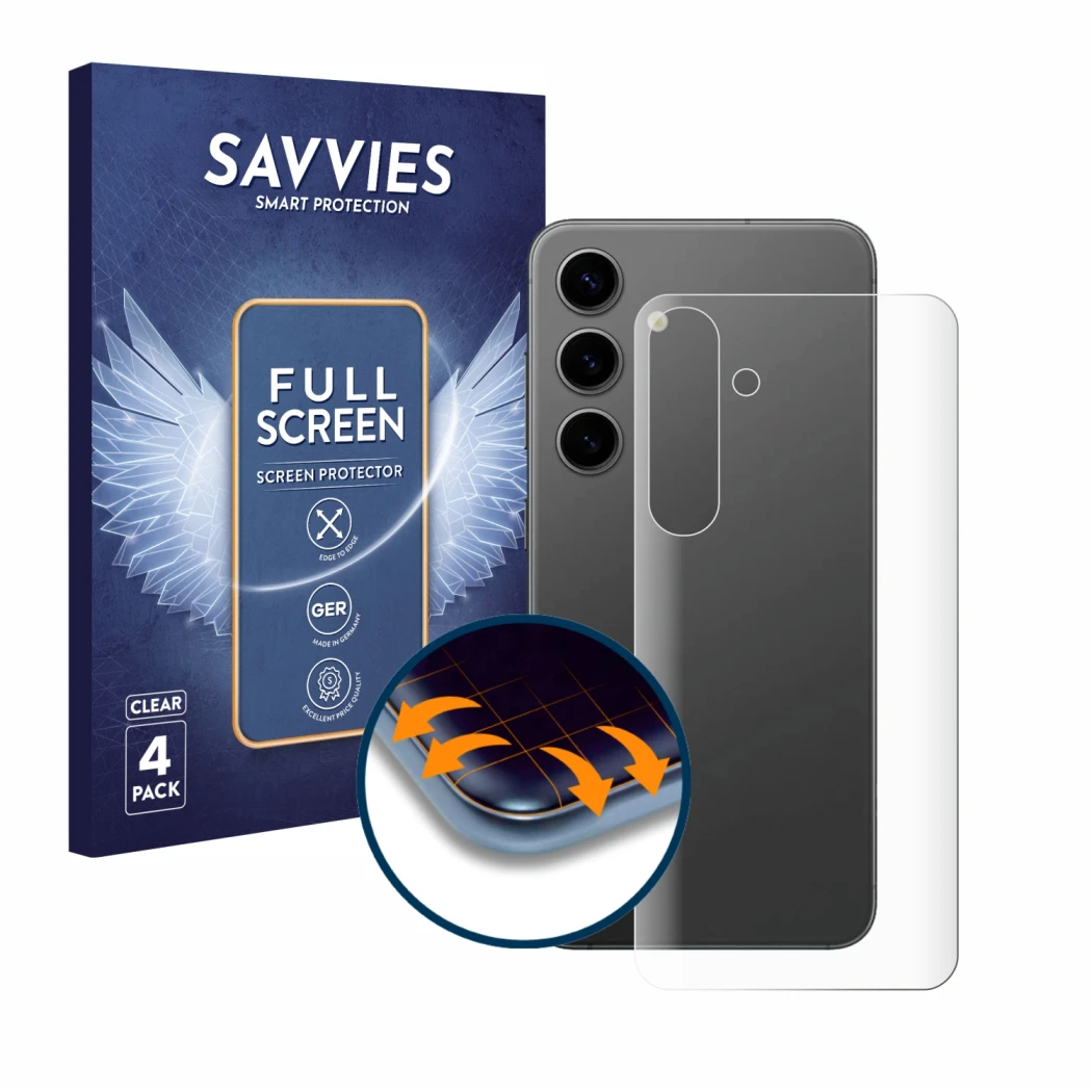 Face avant d’un emballage produit avec le logo de la marque Savvies. À côté, l’appareil Samsung Galaxy S24 Plus (Arrière) est 