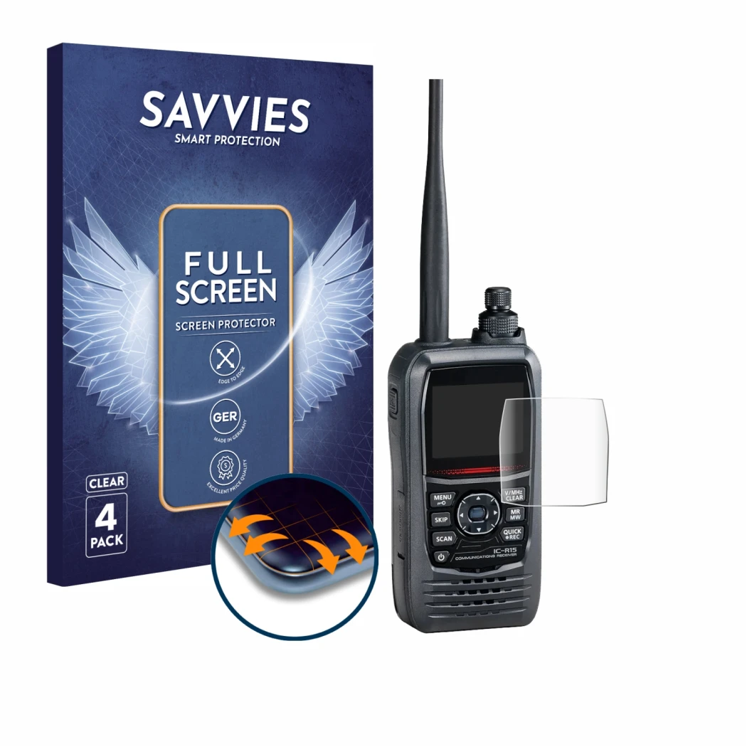 Face avant d’un emballage produit avec le logo de la marque Savvies. À côté, l’appareil Icom IC-R15 est représenté avec la pro