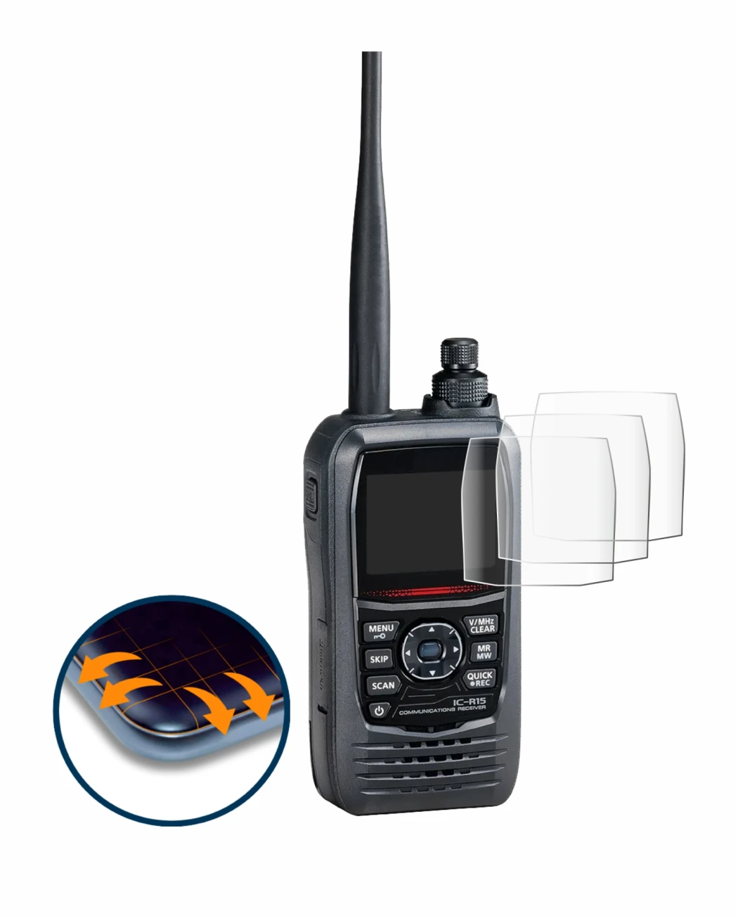 Image de l'appareil Icom IC-R15 avec une grande variété de protections d'écran.