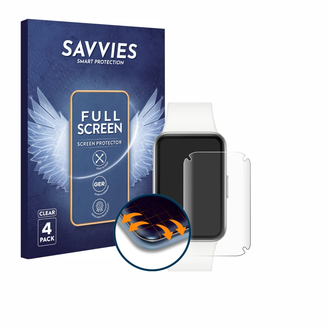 Face avant d’un emballage produit avec le logo de la marque Savvies. À côté, l’appareil Samsung Galaxy Fit3 est représenté ave