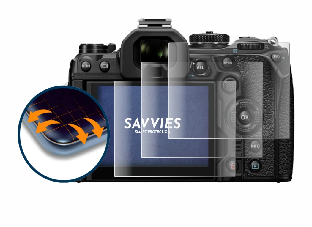 Image de l'appareil Olympus OM System OM-1 Mark II avec une grande variété de protections d'écran.