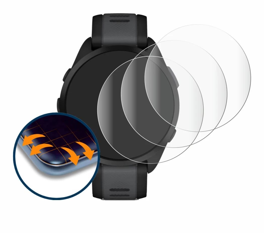 Image de l'appareil Garmin Forerunner 165 avec une grande variété de protections d'écran.