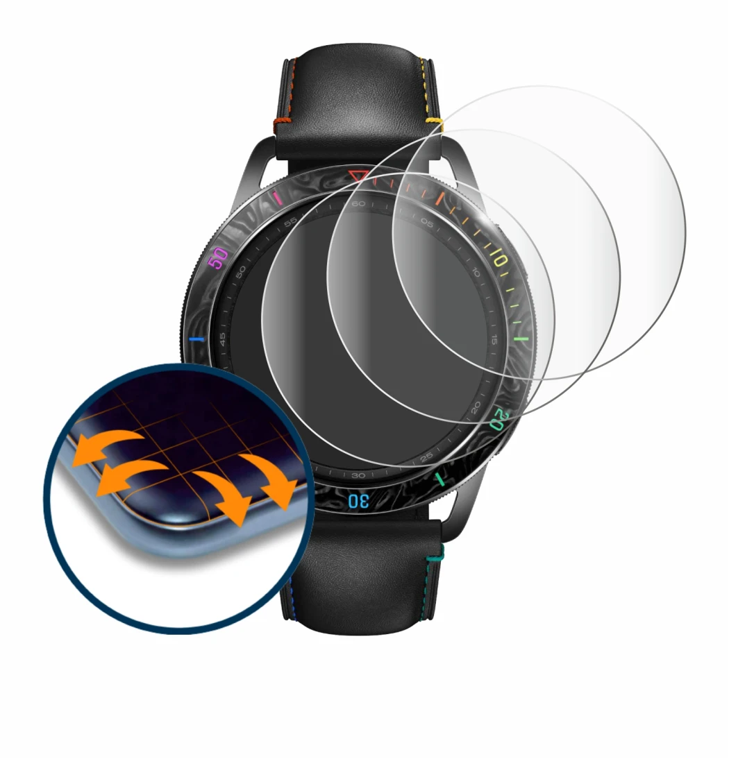 Image de l'appareil Xiaomi Watch S3 avec une grande variété de protections d'écran.