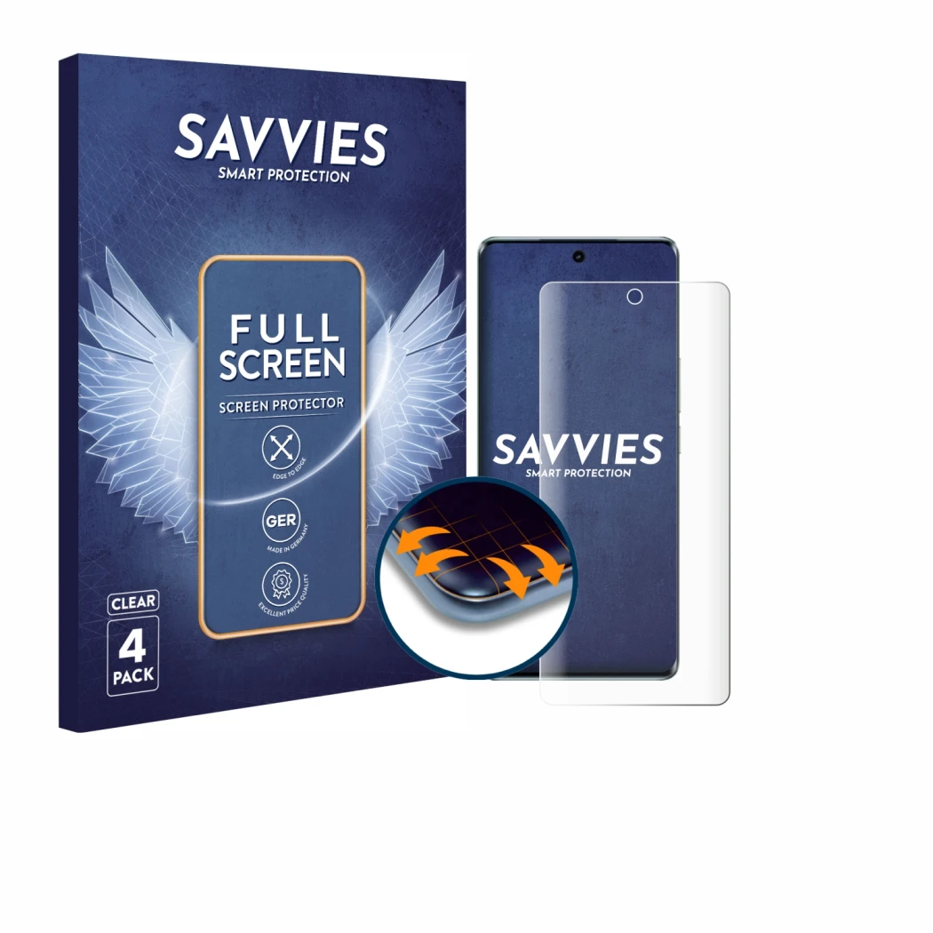 Face avant d’un emballage produit avec le logo de la marque Savvies. À côté, l’appareil Vivo V30 Pro est représenté avec la pr