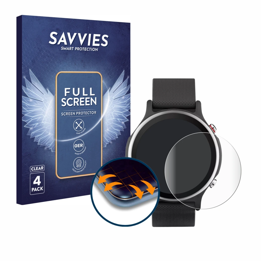 Face avant d’un emballage produit avec le logo de la marque Savvies. À côté, l’appareil ASUS VivoWatch 6 est représenté avec l
